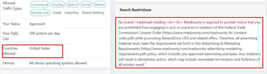 maxbounty tracking link country restriction